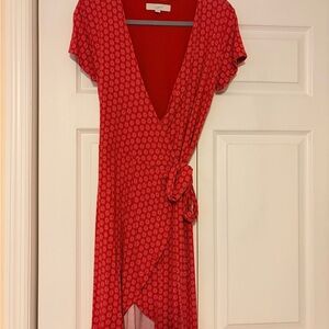LOFT Red Micro-Print Wrap Dress with Short Sleeves